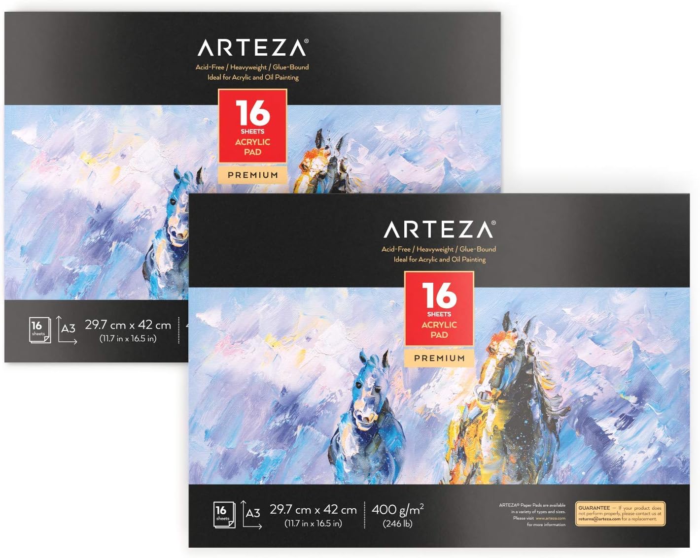 Arteza Acrylic Paper Pad, A3 (29.7 x 42 cm), Set of 2, Heavyweight Art Pad (400 GSM) with 16 Textured Sheets for Acrylic and Oil Painting