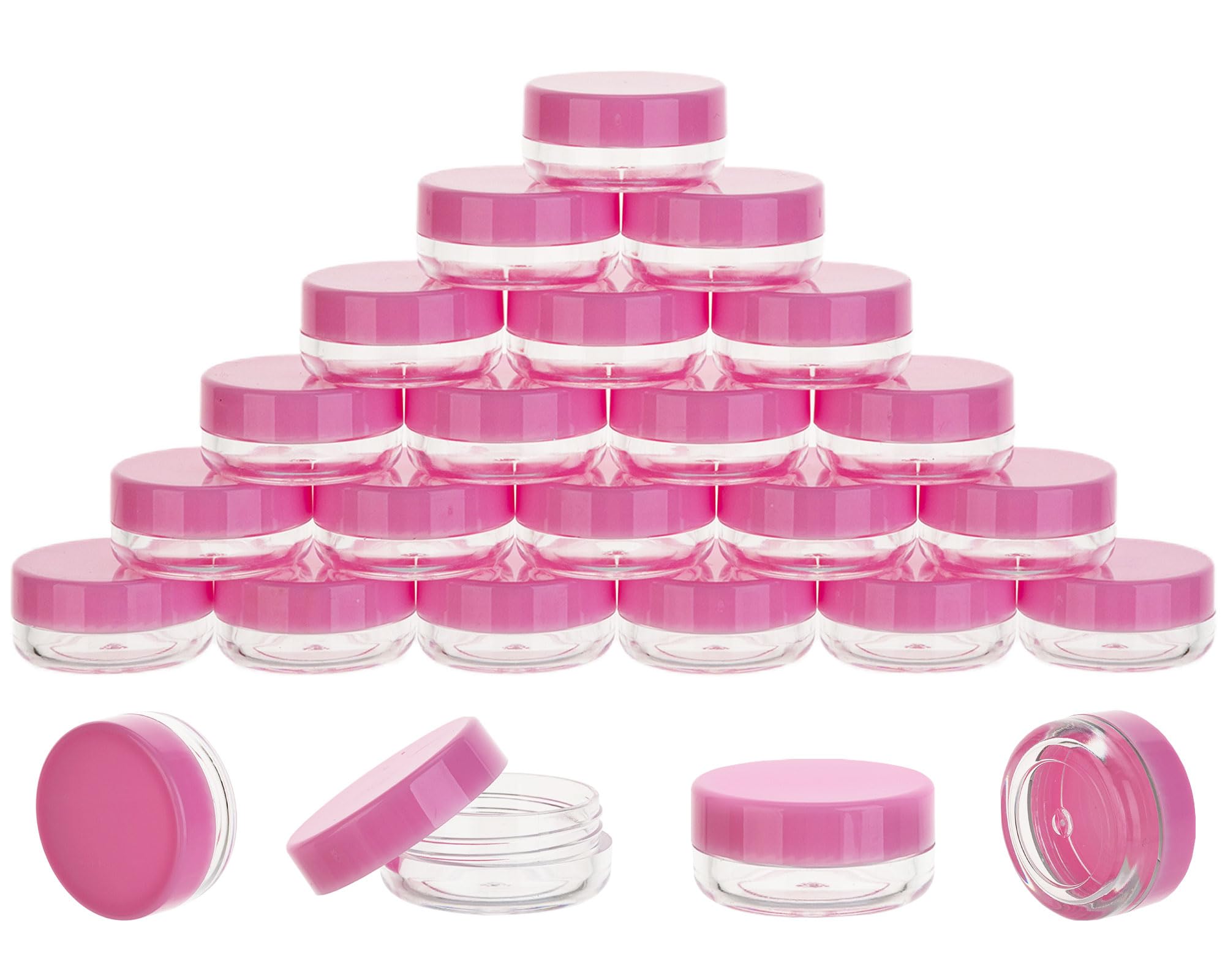25 Count 3 Gram Sample Containers, Clear Lip Balm Containers with Lids, Small Plastic Sample Jars with 2 Mini Spoons, 25pcs Labels (Pink Lid)