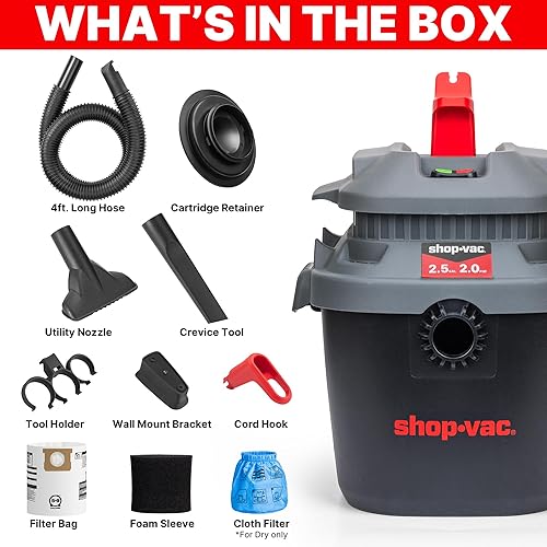 Miniatura 7 de Shop-Vac Aspiradora en seco y húmedo de 2.5 galones de 2.5 galones con soplador, Shopvac portátil montado en la pared con cable de 10 pies, manguera