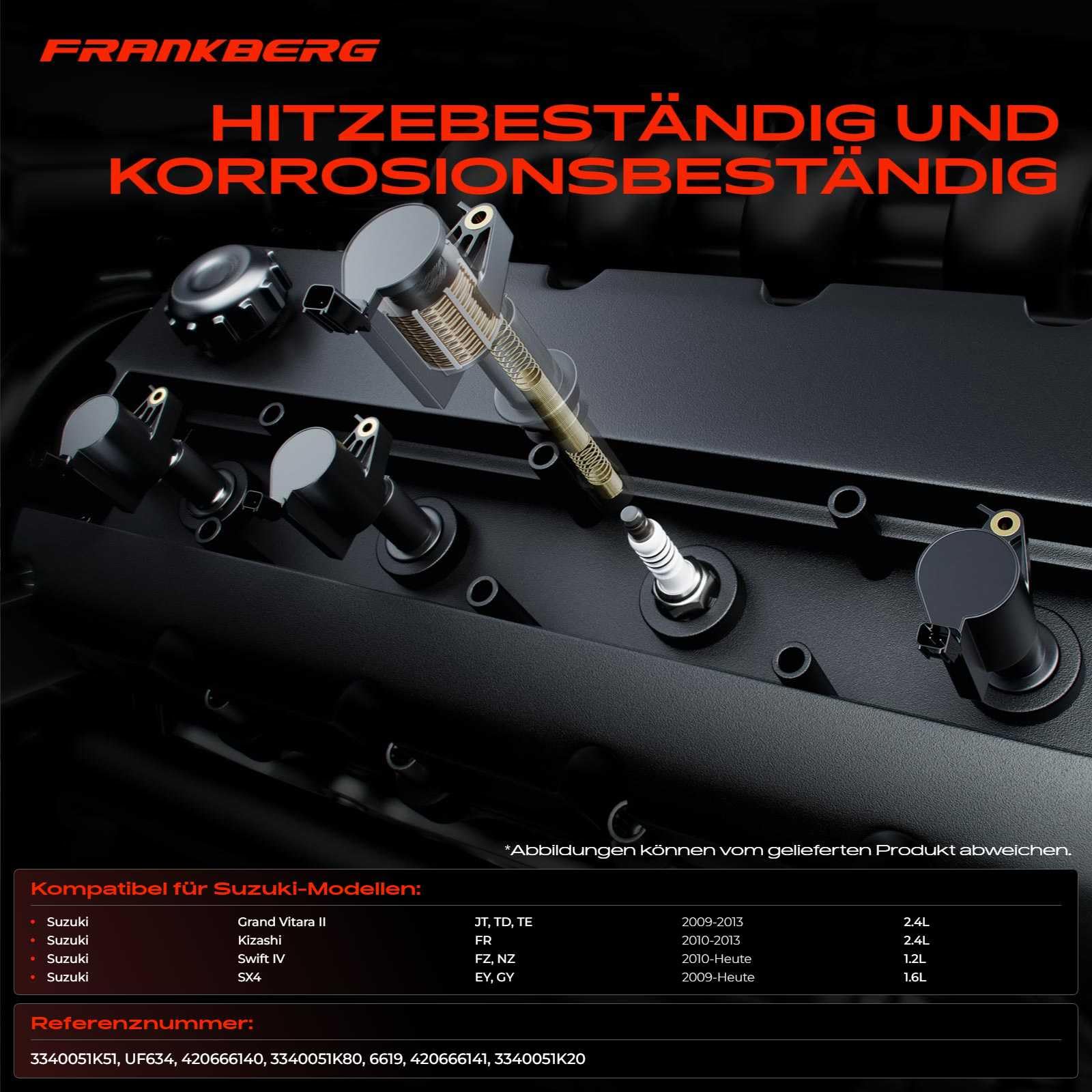 Frankberg 4 bobine di accensione + 4 candele a 3 Poli 3340051K51 | Compatibile con: Grand Vitara II JT TD TE, Kizashi FR, SX4 EY G.Y, Swift IV FZ NZ