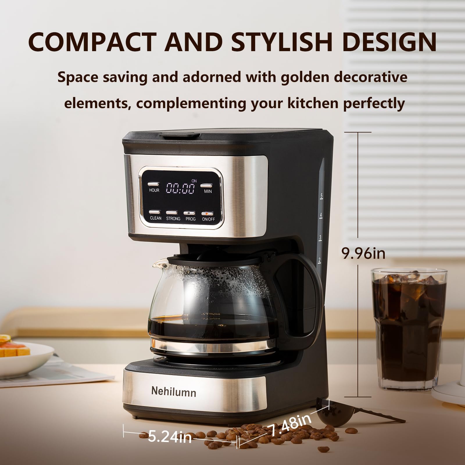 Nehilumn 5-Cup Programmable Coffee Maker - Reusable Filter, Clear Water Level Indicator, Auto Shut- Off, Black &Stainless Steel Coffee Pot — view 2
