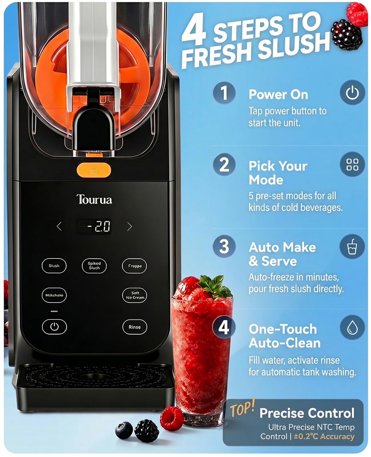 Slushie-Maschine, 2,8L Großbehälter, 15 Min Schnellkühlung, 24h Kältehaltung, Ein-Tasten-Selbstreinigung, 5 Programme, Multifunktions-Eismaschine für Slush, Milchshakes & Cocktails