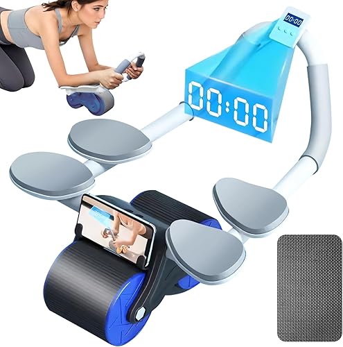 Rueda de rodillo abdominal - Rodillo abdominal con soporte para codo, rueda abdominal de rebote automático con 4 codos, temporizador y rodillera,