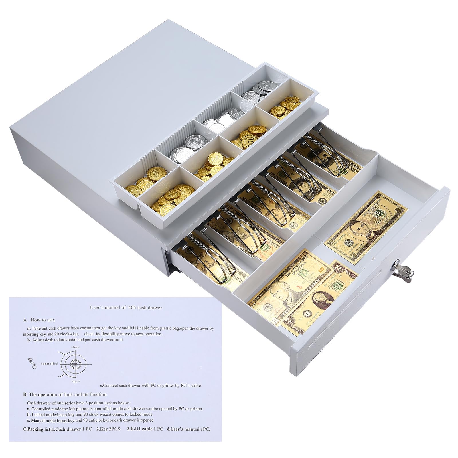 標本箱 鍵付き 白 金属製　Cash Register Drawer 標本箱 鍵付き 白 金属製 Cash Register Drawer