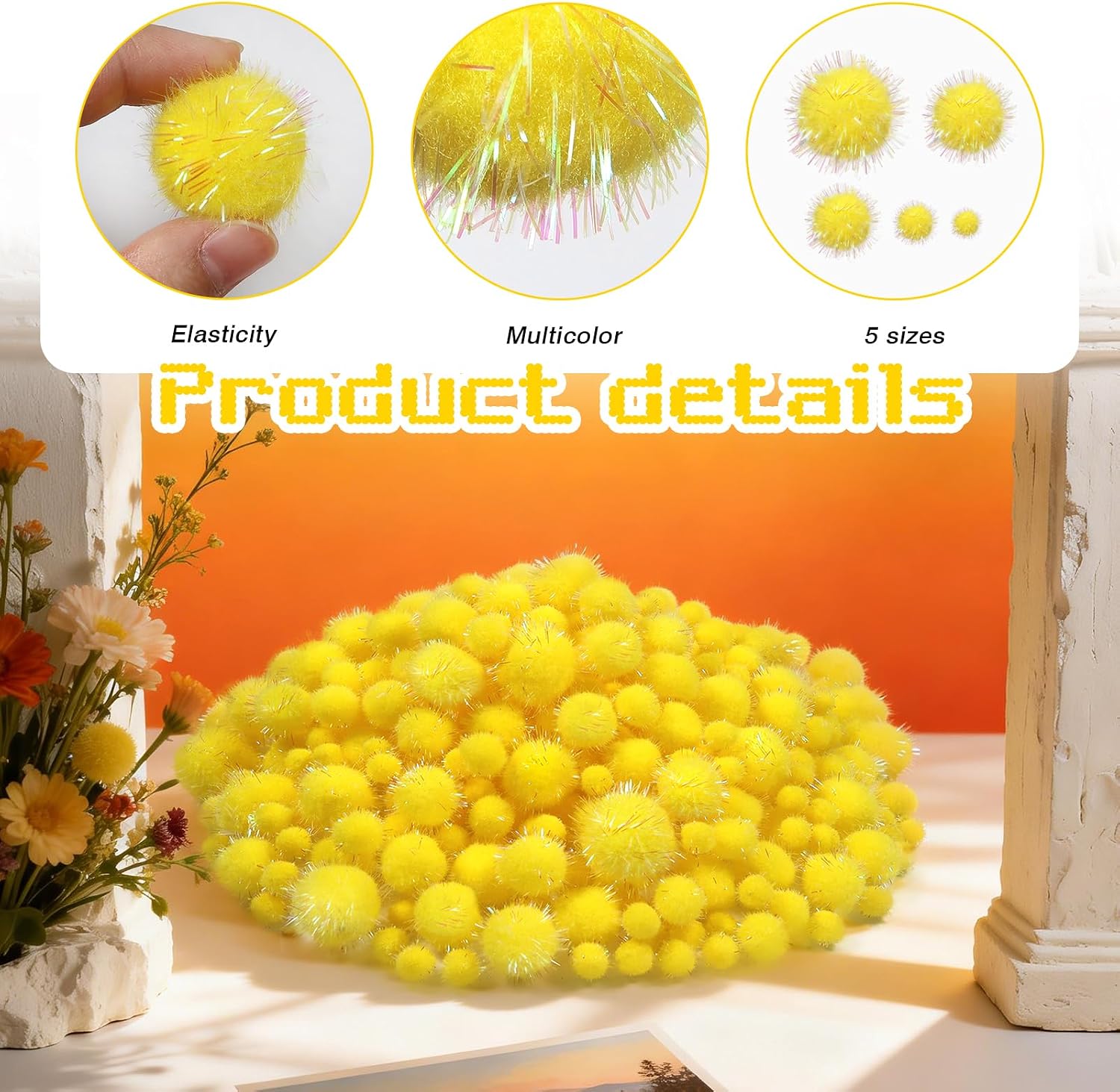 TOAOB 400pcs Glitter Pom Poms Yellow Tinsel Sparkling Craft Fuzzy Balls