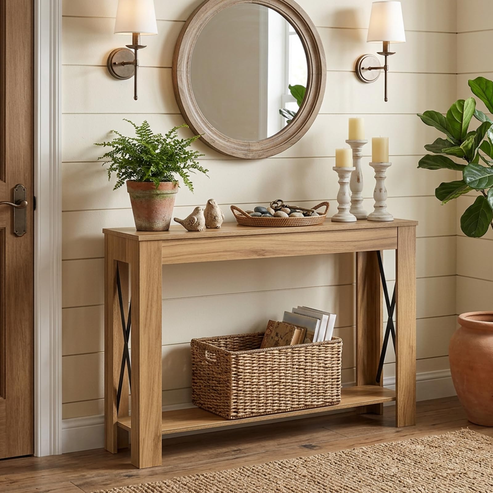 YATINEY Mesa de Consola con Almacenaje, Mesa de Sofá de Estilo Rústico, Mueble Estrecho de Recibidor, para Pasillo, Entrada de Escalera, Entrada, Marrón Claro XCT34VV