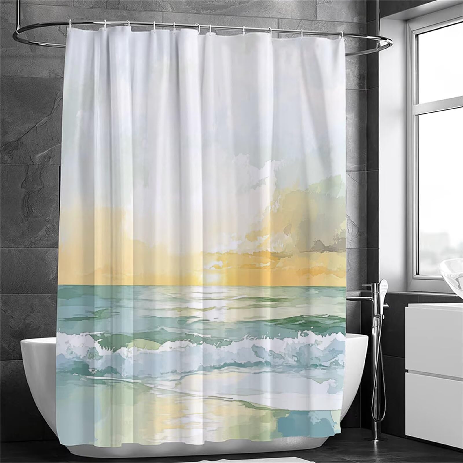Zasłona prysznicowa z motywem oceanu, 240 x 200 cm, bardzo długa zasłona prysznicowa do łazienki, zachód słońca, wodoodporna zasłona na drzwi z haczykami i obciążonym brzegiem, zmywalna, szybkoschnąca