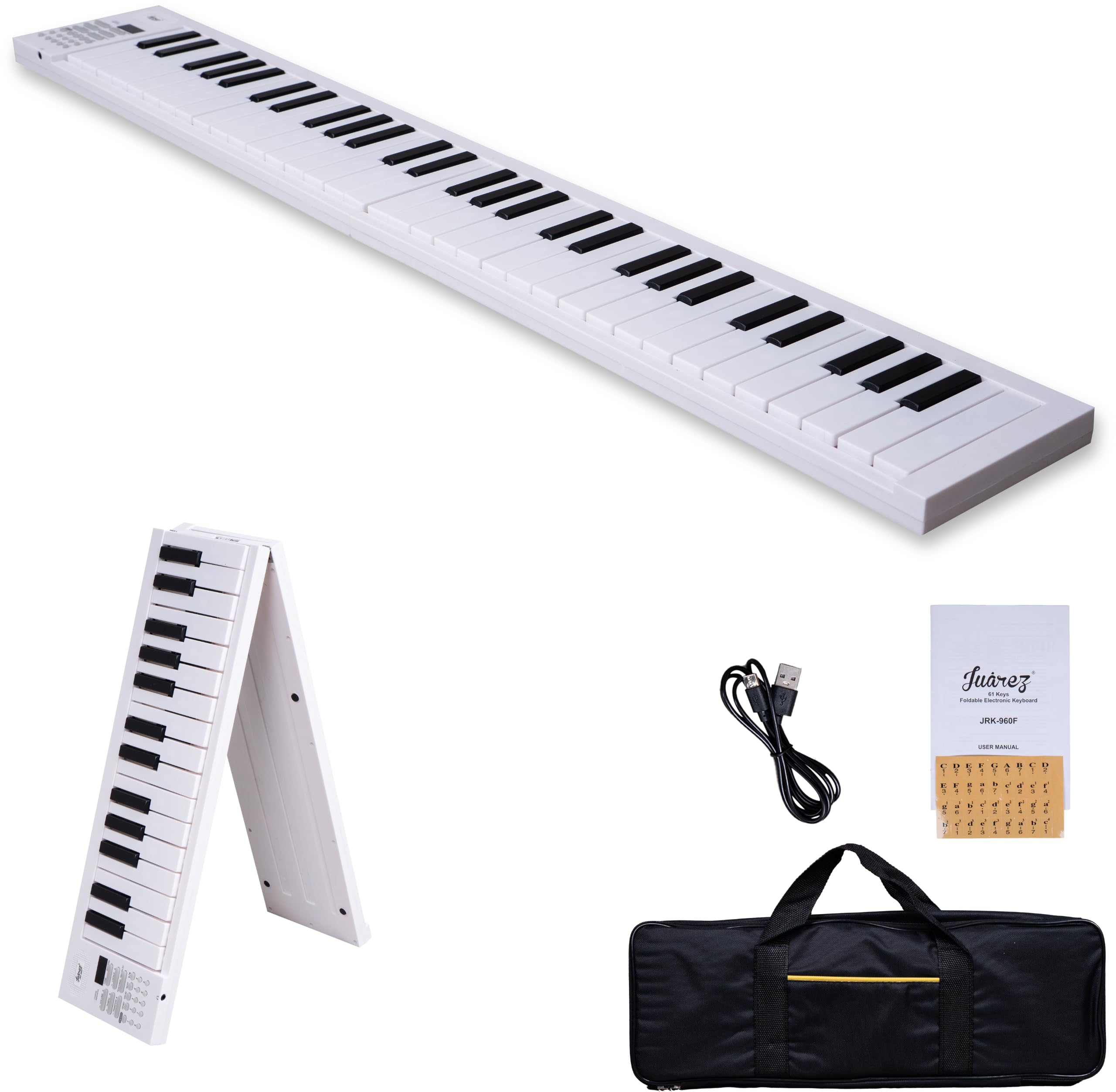 JUAREZ JRK960F Foldable 61 Keys Electronic Keyboard Piano with Rechargeable Battery, USB Charging, Built-in Speakers, Carry Bag, Record & Playback Function, White-picture-25