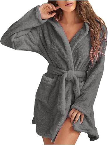 Miniatura 3 de Batas para mujer, bata de baño de forro polar con capucha para mujer, suave felpa, ropa de dormir, mullida, cálida, sherpa, bata de baño