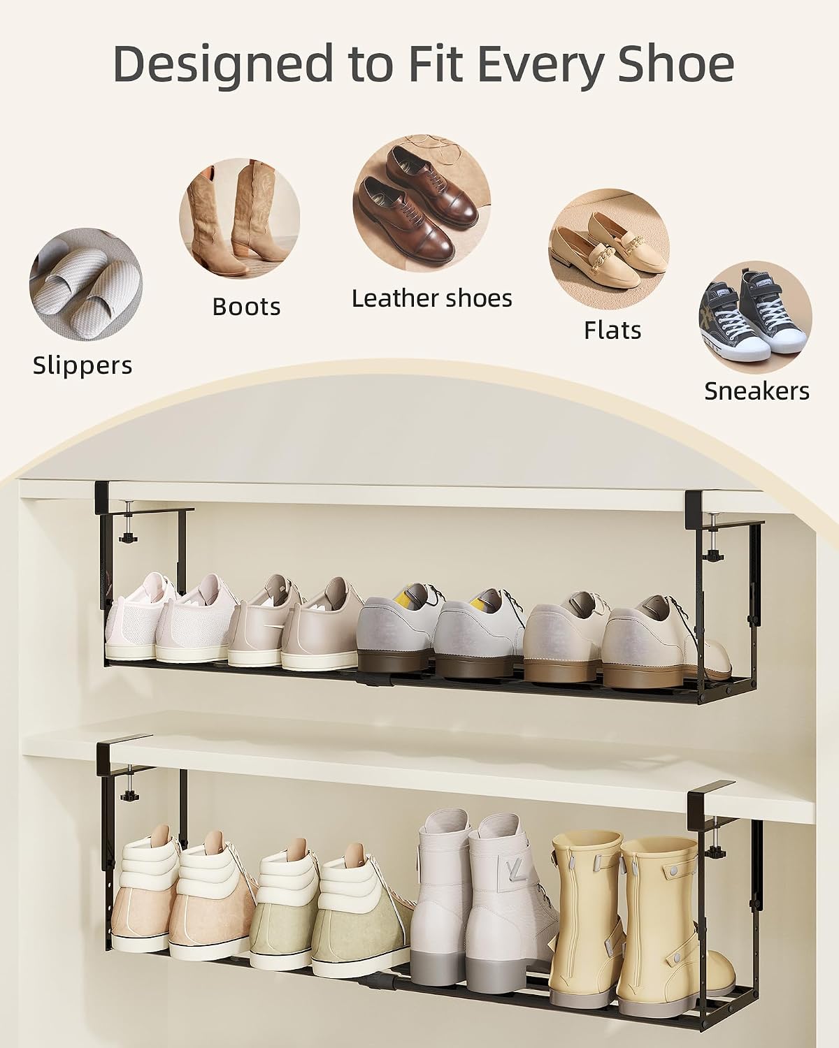 2 Pack Expandable Shoe Rack Organizer for Cabinet, Adjustable Hanging Under Shelf Storage, Sturdy Round Tube Design, Space Saving Shoe Shelf for Closet, Entryway, Laundry Room, Black
