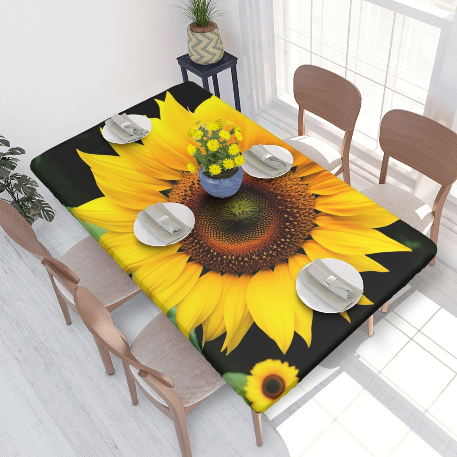 DCARSETCV Blooming Sunflower Printed 4FT Waterproof Tablecloth with Elastic Edged Protect & Decor Your Table, Oil-proof Washable Table Cloth Cover for Dinner Picnic Party