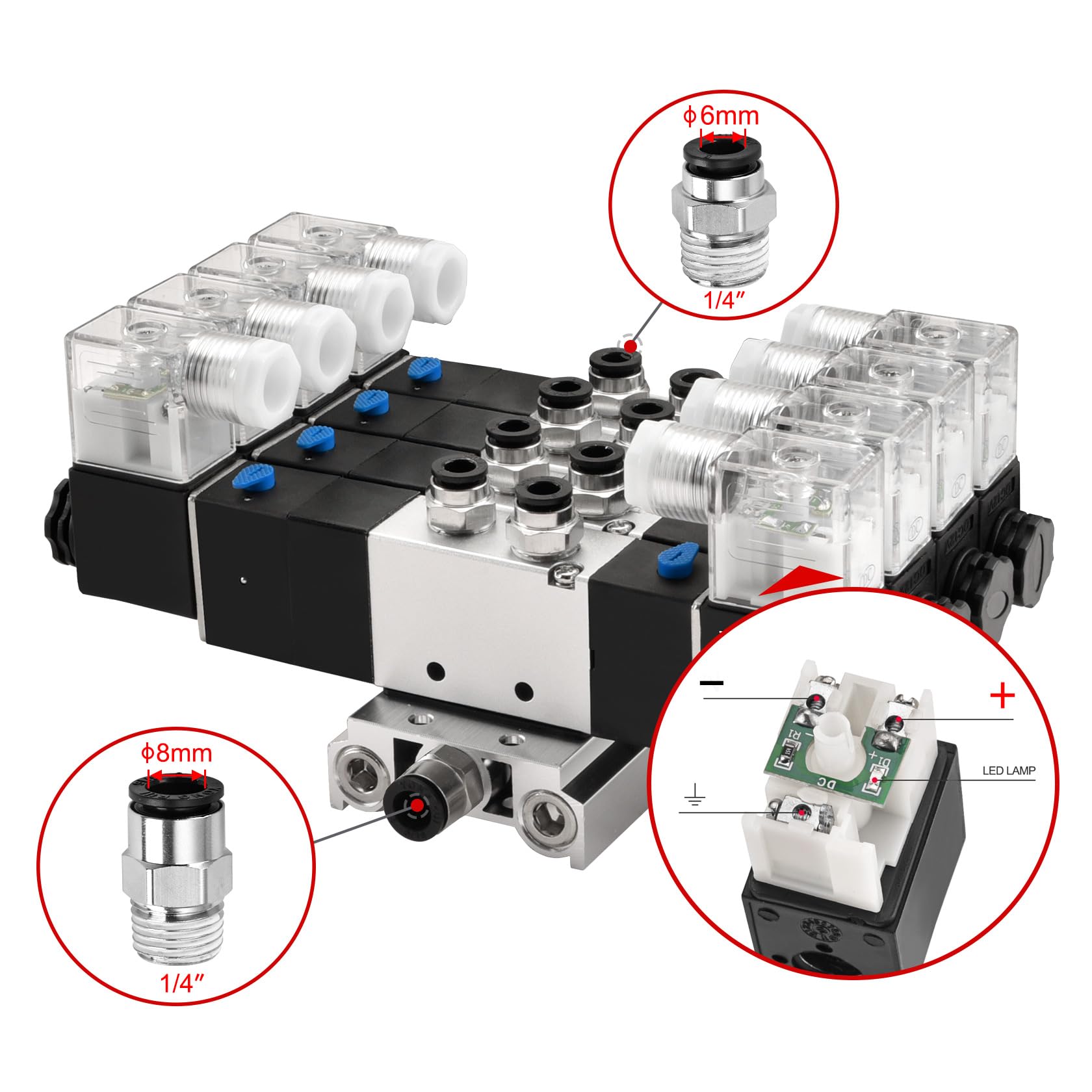 Heschen Electroválvula neumática eléctrica 4, 4V230C-08, 12VDC, PT1/4, 5 vías 3 posición, base del colector, silenciador, conjunto de accesorios rápidos, CE