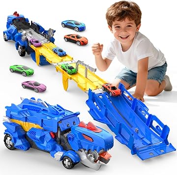 Dinosaur Storage Truck Toy Swallowing Metal Car Transform into Stomping with Eject Cars Race Track Transporter Toddler Toys Gifts 3 4 5 Year Old Boys Girls Blue