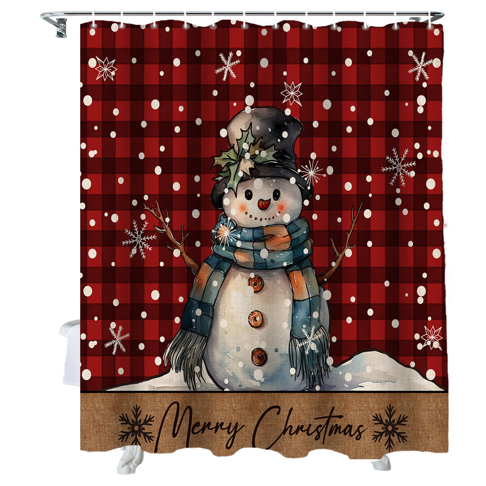 Merry Christmas Shower Curtain - Reindeer Snowflake Buffalo Plaid Design, Waterproof, 72x72 Inches With Hooks - View #12