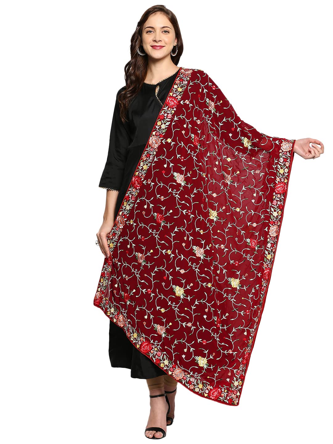 Women's Parsi Gara Thread Work Embroidered Georgette Maroon & Multicolour Dupatta-image-5