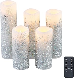Christmas Silver Glitter Candle Flameless Candles Moving Flame Wick with Remote Timer, Pack of 5