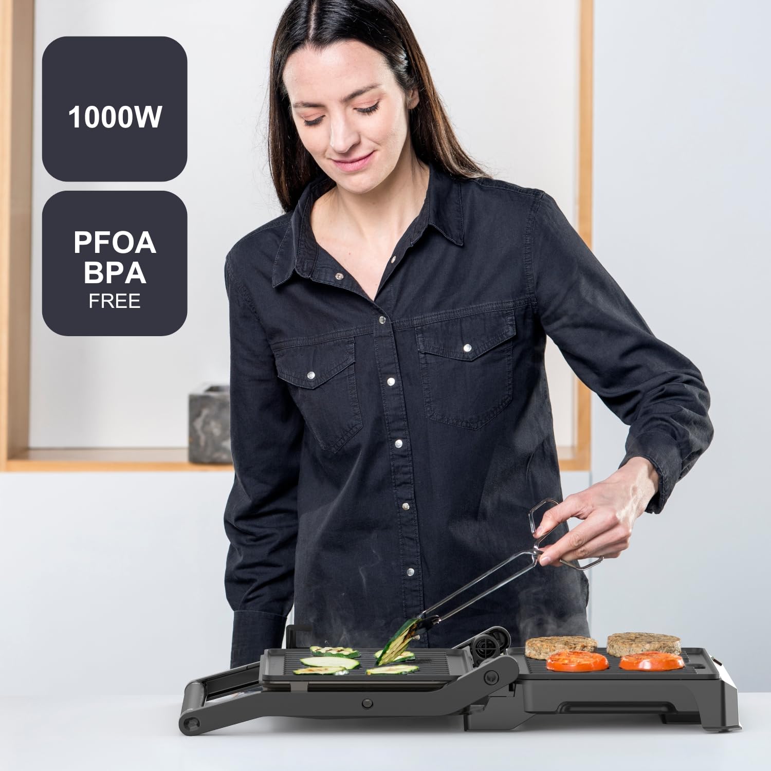 Black+Decker – Grill BXGR1001E | 1000W | Ouverture 180º | Plaques 23x14,5 cm avec blocage | Ddouble couche antiadhésif sans PFOA | Couvercle flottant | Bac récupérateur | Voyants lumineux | Cool-touch