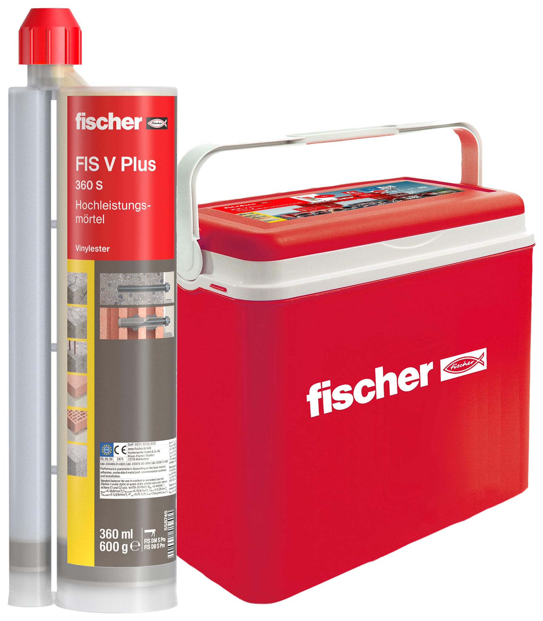 fischer Mortero de alto rendimiento FIS V Plus 360 S en una práctica caja frigorífica, mortero resistente a la intemperie para interiores y exteriores y todos los materiales de construcción