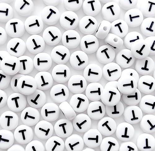 Bxwoum 100 cuentas de letras acrílicas de 0.16 x 0.27 pulgadas (0.157 x 0.276 in) para hacer joyas, cuentas redondas blancas de la letra T para