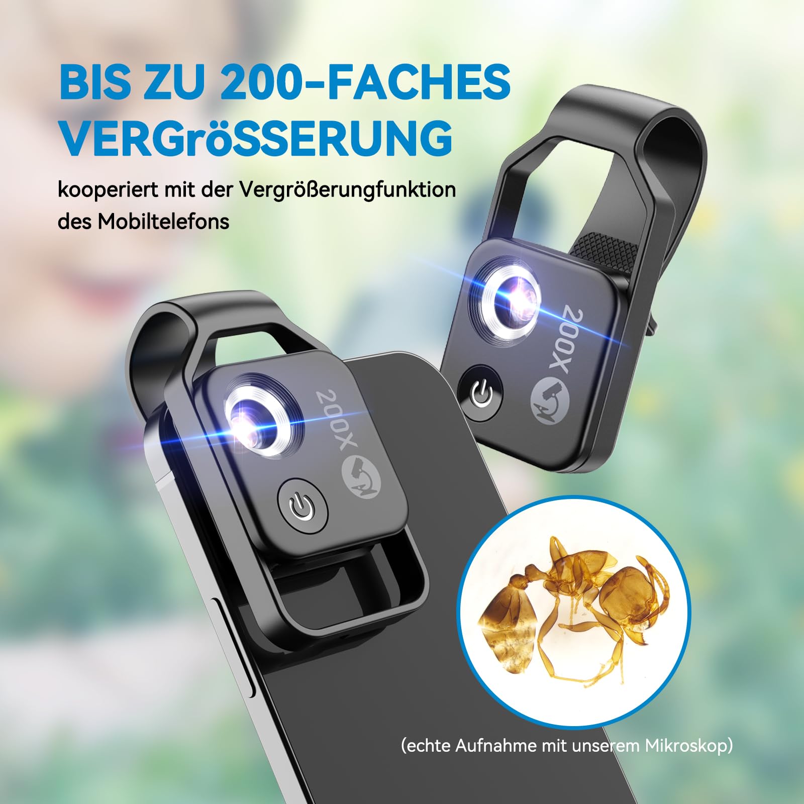 Evil eye 200 x Telefonmikroskop Mini-Mikroskop mit CPL 2 Helligkeitsmodi Keine App erforderlich für Microworld