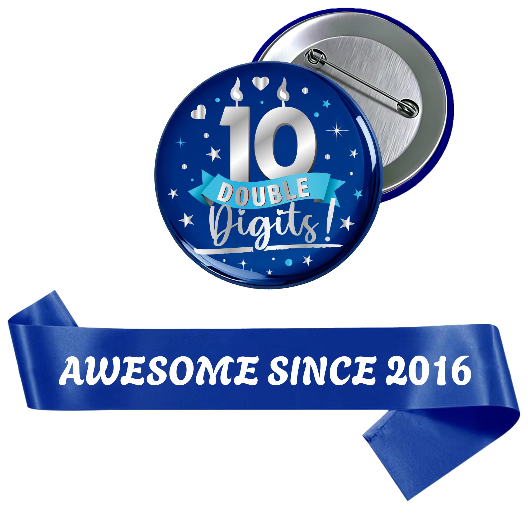 10th Birthday Sash Badge Kit - 2 Pcs Blue Silver Awesome Since 2016 Birthday Sash 10 Double Digits Badge for Boys Happy 10 Year Old Birthday Decorations Supplies and Double Digits Party Gifts