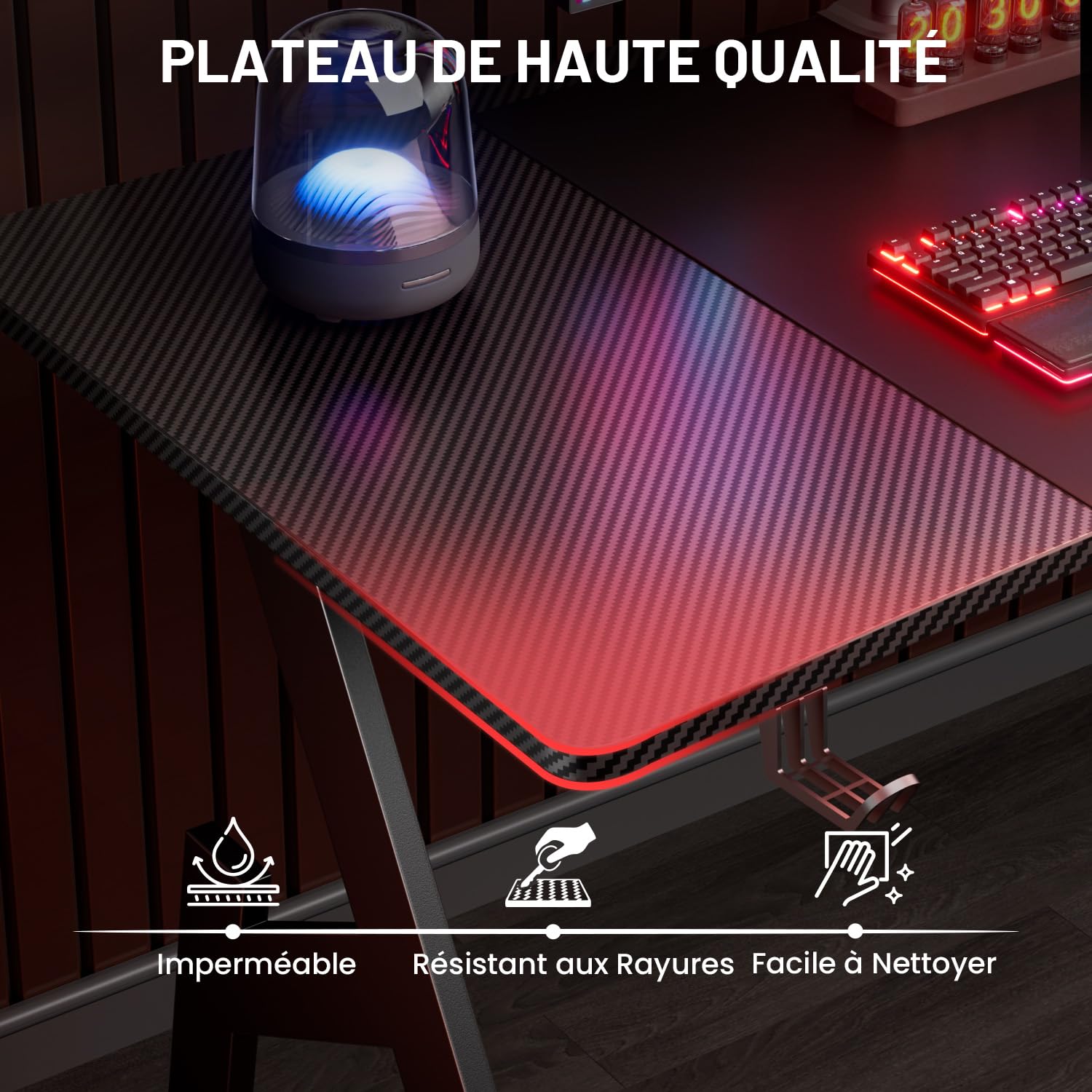 HLFURNIEU 120 x 60 cm Bureau Gaming, Bureau Gamer Informatique Ergonomique, Table Gaming en Fibre de Carbone, Gamer Desk avec Porte Gobelet et Crochet pour Casque, Noir
