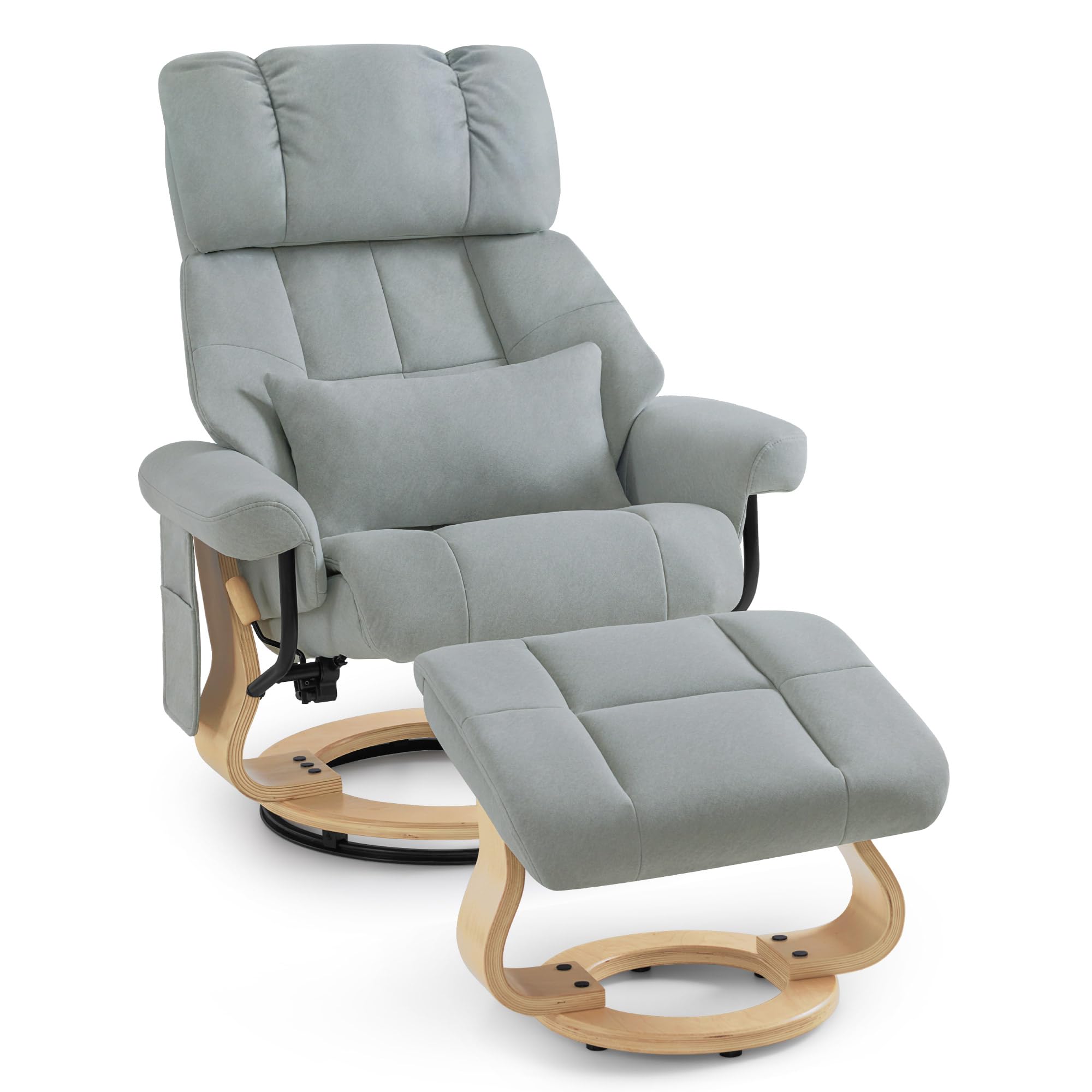 M MCombo Relaxsessel mit Hocker, Drehbare Fernsehsessel mit Liegefunktion, Moderner TV-Sessel Stuhl für Wohnzimmer, mit Kissen & Seitentasche, 9066 (Hellgrau-Mikrofaser)
