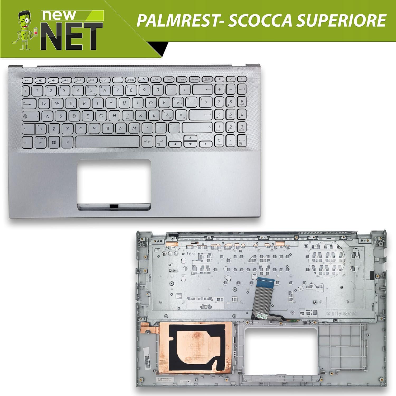 new net - Top Case Palmrest con Tastiera Compatibile con ASUS F512D, F512DA, F512FA, F512FB, F512U, F512UA [Frame Argento - Senza touchpad - Layout ITA]