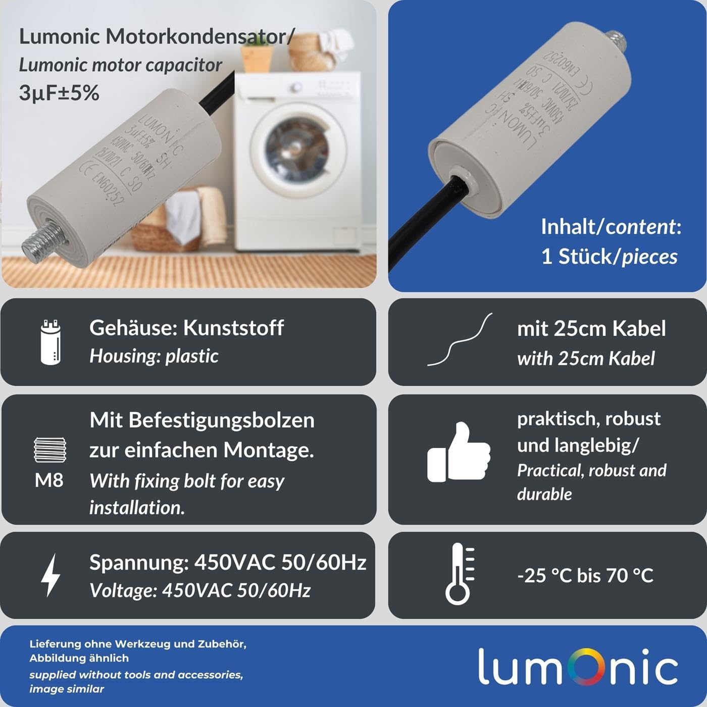 Lumonic Condensador de arranque 3µF 450V 26x55mm para bombas, cortacéspedes, herramientas