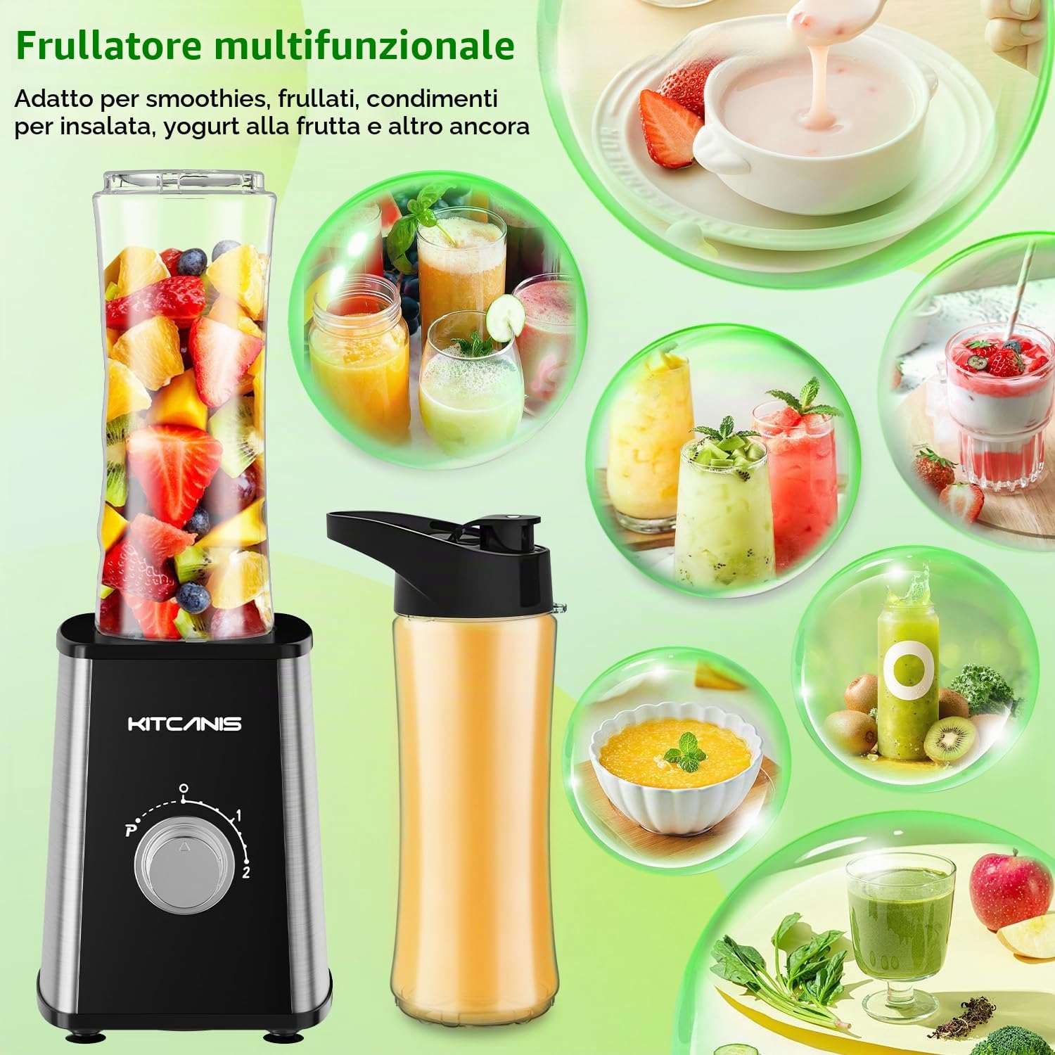 KITCANIS Mini frullatore 3 in 1, frullatore elettrico 800W, 3 velocità regolabili, 2 bottiglie portatili da 600 ml e tazza da 300 ml per gelato, frutta, verdura, noci