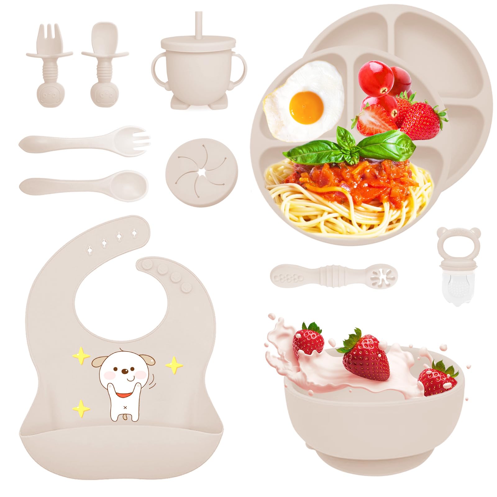 Coffret Repas Bebe 12 pièces, Vaisselle Antiderapant pour Bébé Set Silicone avec Ventouse Assiette Bol Fourche Cuillère Bavoir et Tasse, Assiette Enfant Set, Sans BPA (Beige)