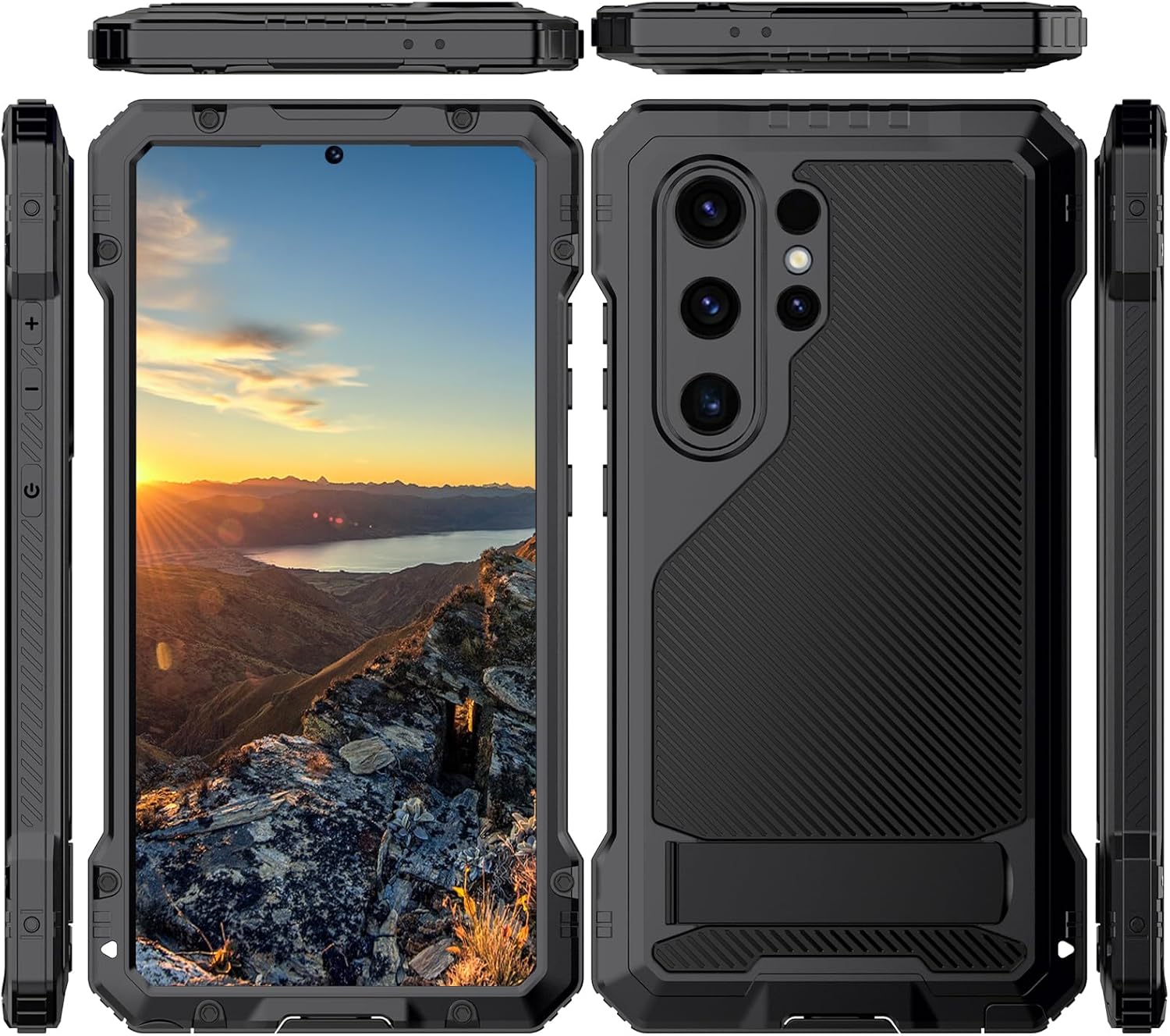 Marrkey for Samsung Galaxy S24 Ultra Metal Case with Stand Screen Protector Durable Bumper Military Grade Shockproof Heavy Duty Rugged Full Body Kickstand Cover Fingerprint Compatible - Black