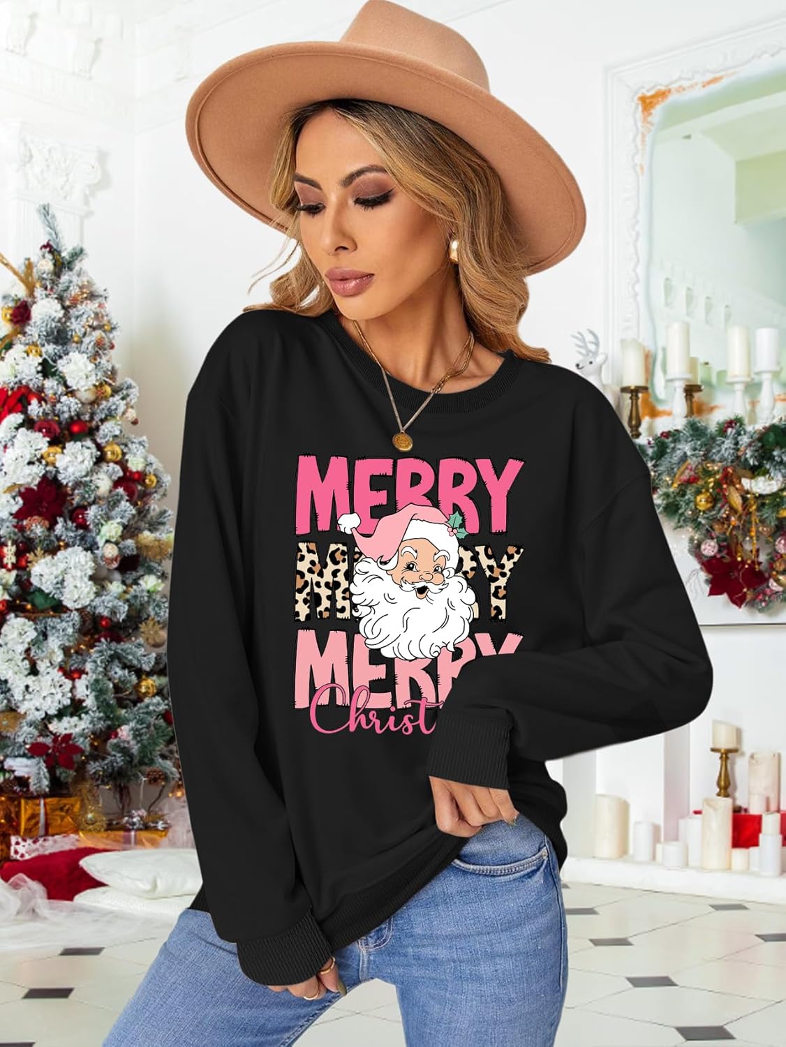 Christmas Sweatshirt for Women Merry Christmas Shirt Xmas Tree Long Sleeve Vacation Pullover Christian Tops Beige - Image 3