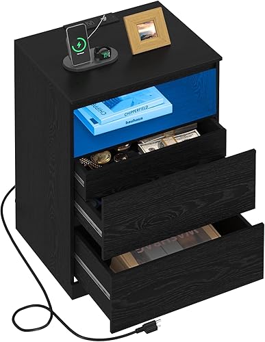 Mesita de noche con estación de carga y luz LED, 26 pulgadas de alto con cajón oculto, 3 cajones, mesita de noche moderna para dormitorio, negro