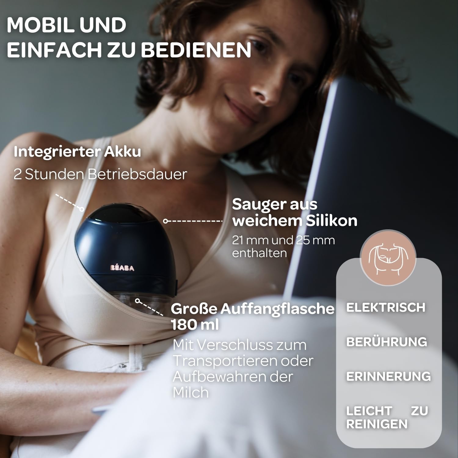 BÉABA, Elektrische freihändige Milchpumpe, Leicht, Kompakt, 3 Modi, 9 Stufen, 0 Wellen, Geräuschlos, Großes Fassungsvermögen 180mL, Timer, Memory-Funktion, 6 Sitzungen, USB C Ladegerät, Night blue