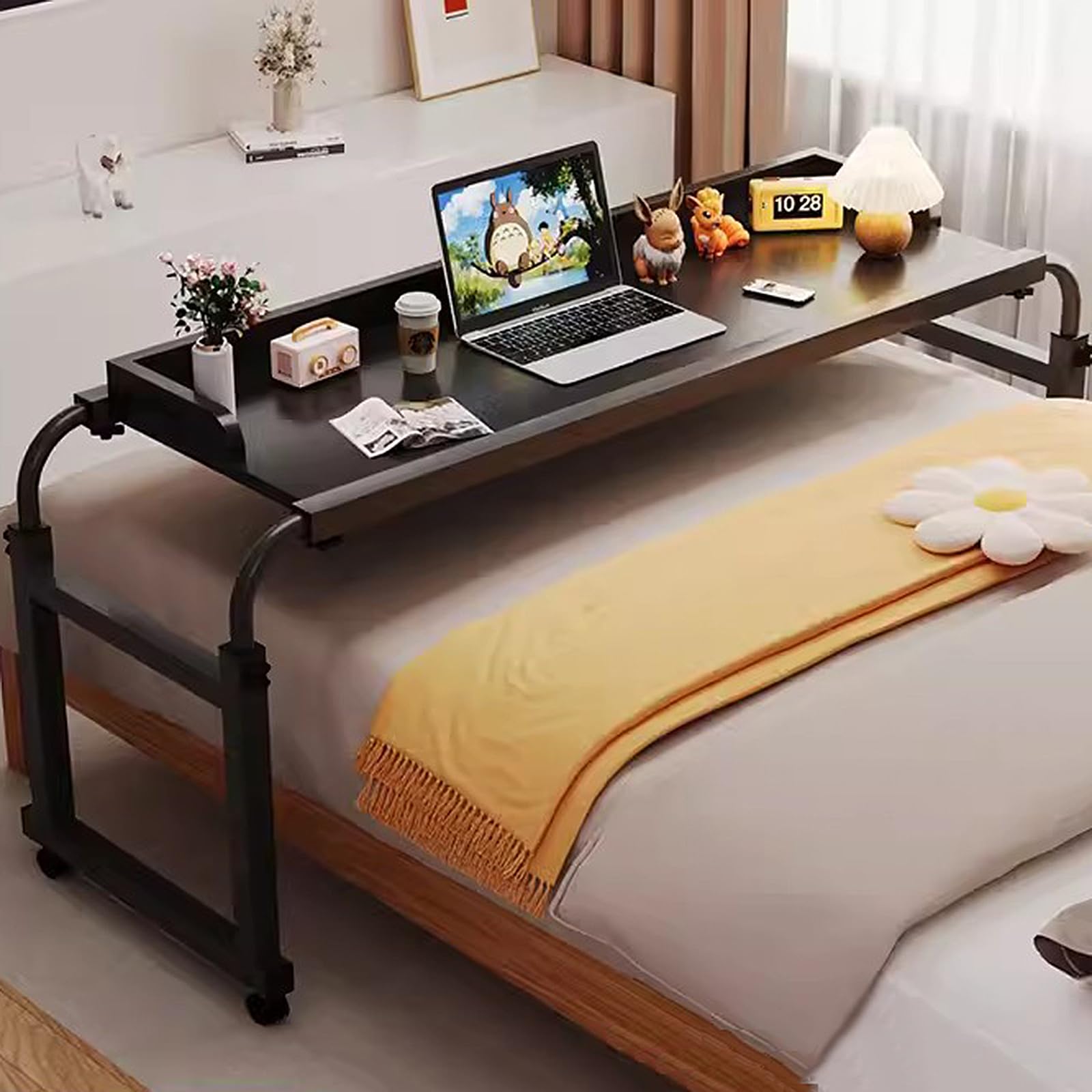 Scrivania sopra Il Letto, Scrivania per Laptop con Rotelle Tavolo sopra Il Letto Larghezza Regolabile 110-210cm E Regolabile in Altezza 65-95cm per la Lettura/Colazione(Color:Nero)