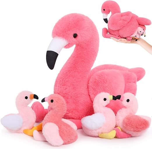 MorisMos Flamingo Stuffed Animal with Babies, Pink Flamingo Toys for Girls | 18in Mommy Stuffed Flamingo with Baby Chicks Inside, Pink Bird Stuffed Animals Gift for Kid Birthday Party Decor Christmas