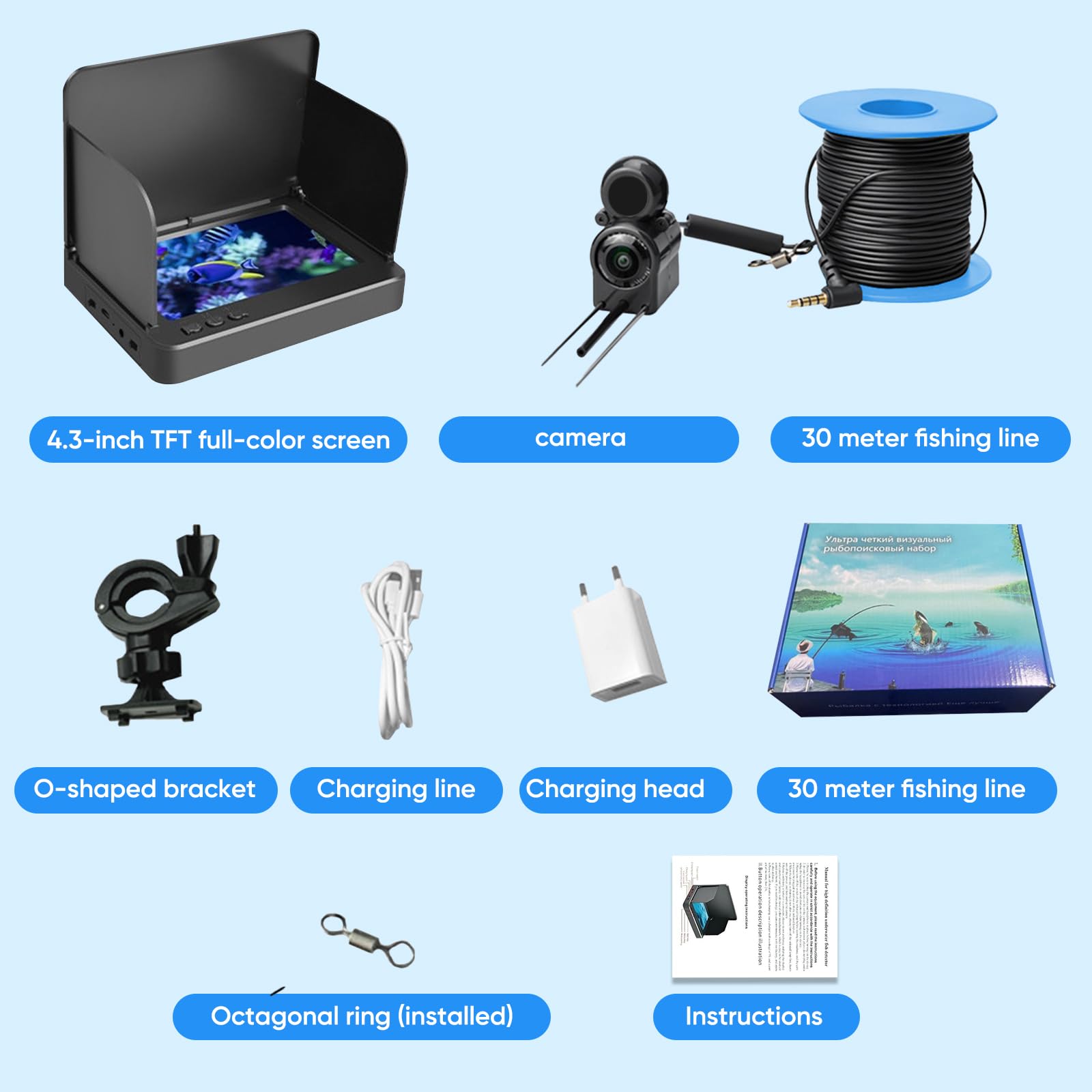 Fischfinder, Unterwasserkamera Angeln mit 4.3 Zoll IPS Display, 220° Weitwinkel Nachtsicht und 30m Kabel, IP67 Wasserdicht Fishfinder, HD-Kamera für Alle Gewässer Angelkamera für Angler und Abenteurer