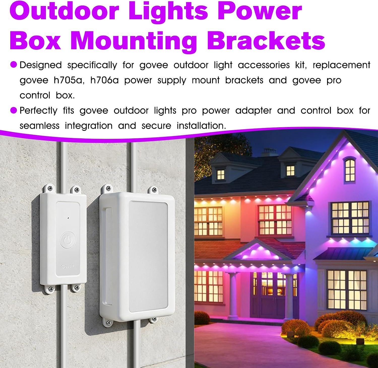 Outdoor Lights Power Box Mounting Brackets Replacement Govee Pro Power Supply Mount Brackets Fit for Govee H705/H706 Power Supply and Controller Box, Outdoor Light Accessories Kit with Screws