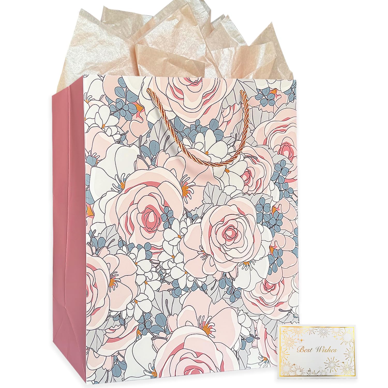 AMROSE Large 13'' Gift Bag withTissue Paper and Card, Recyclable Paper Gift Bag for Birthdays, Mother's Day, Wedding, Engagement, Christmas, Parties