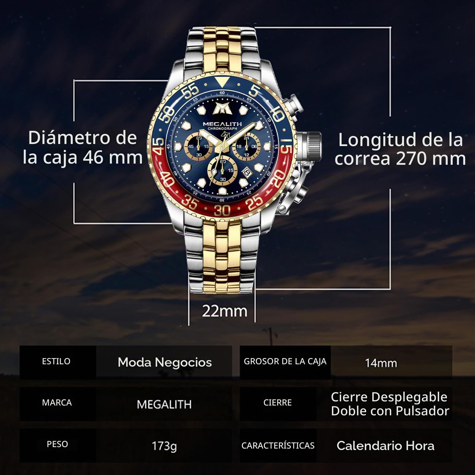 MEGALITH Reloj Hombre Acero Inoxidable Relojes Hombre Analogico Grande Reloj de Pulsera Cronografo Hombre Impermeable Elegante Negocios Cuarzo Fecha Luminosa