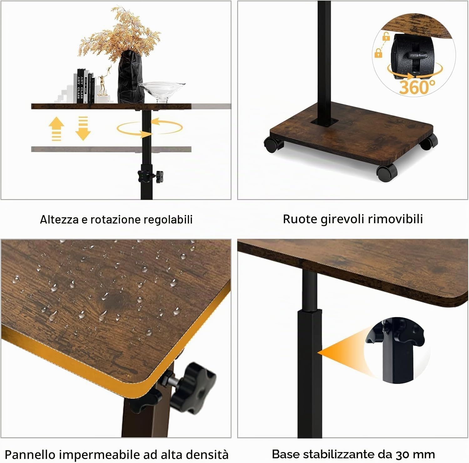 Tavolino a forma di C, regolabile in altezza, con ruote, tavolino piccolo, tavolino laterale, tavolino da caffè, comodino, comodino, per soggiorno, camera da letto, bagno