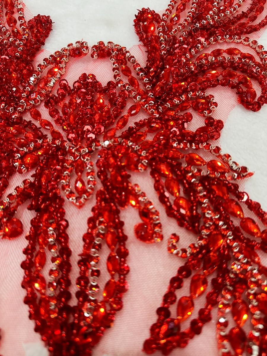 Pure Handmade Rhinestones Beads Applique sew on Crystal Sequins lace Trim Patches Accessories for Dress Clothing Shiny Bead Decorative Material 14.5X18.5inches (Red)
