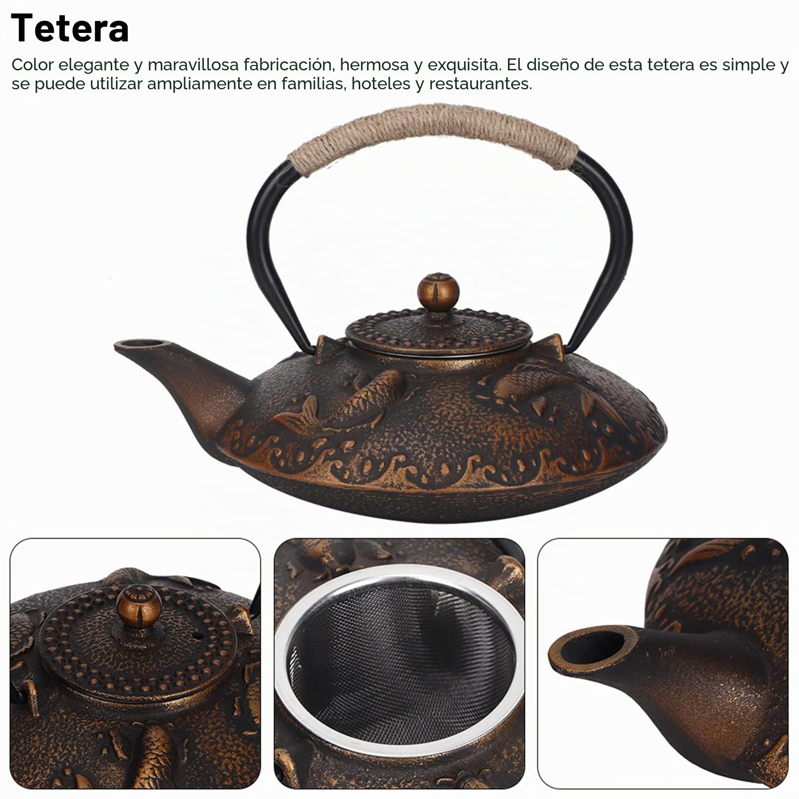 Hervidor de Estilo Japonés 0.9L Hierro Fundido Patrón de Pez Koi Hervidor Elegante Mango para el Hogar Tetera de Agua con Tapa para Colección