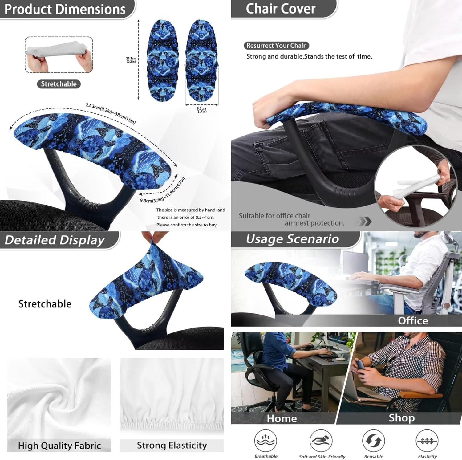 Blue Hibiscus Floral Turtle Print Office Chair Slipcover with 2 Pcs Armrest Covers Swivel Armchair Protector Cover Tissue Box Holder Remote Control Organizer, L