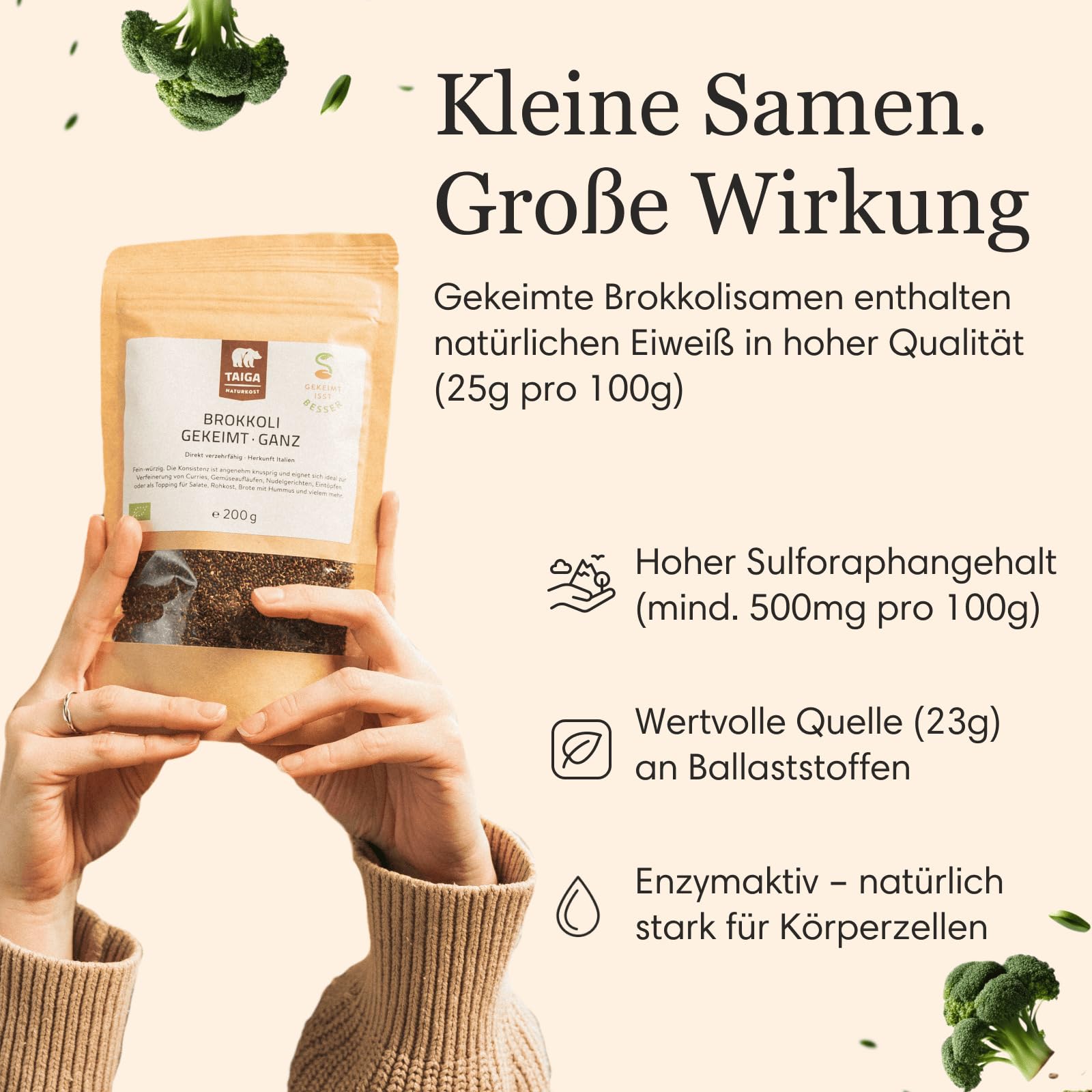 TAIGA Naturkost - Gekeimte Bio Brokkolisamen, Sprossen - 200g, mit hohem Sulforaphangehalt, Bio-Qualität (200g (3er Pack))