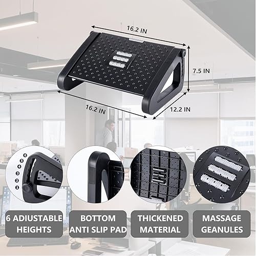 Miniatura 2 de DISFAT Reposapiés para debajo del escritorio, reposapiés ergonómico ajustable de 6 alturas con rodillos de masaje, taburete portátil debajo del