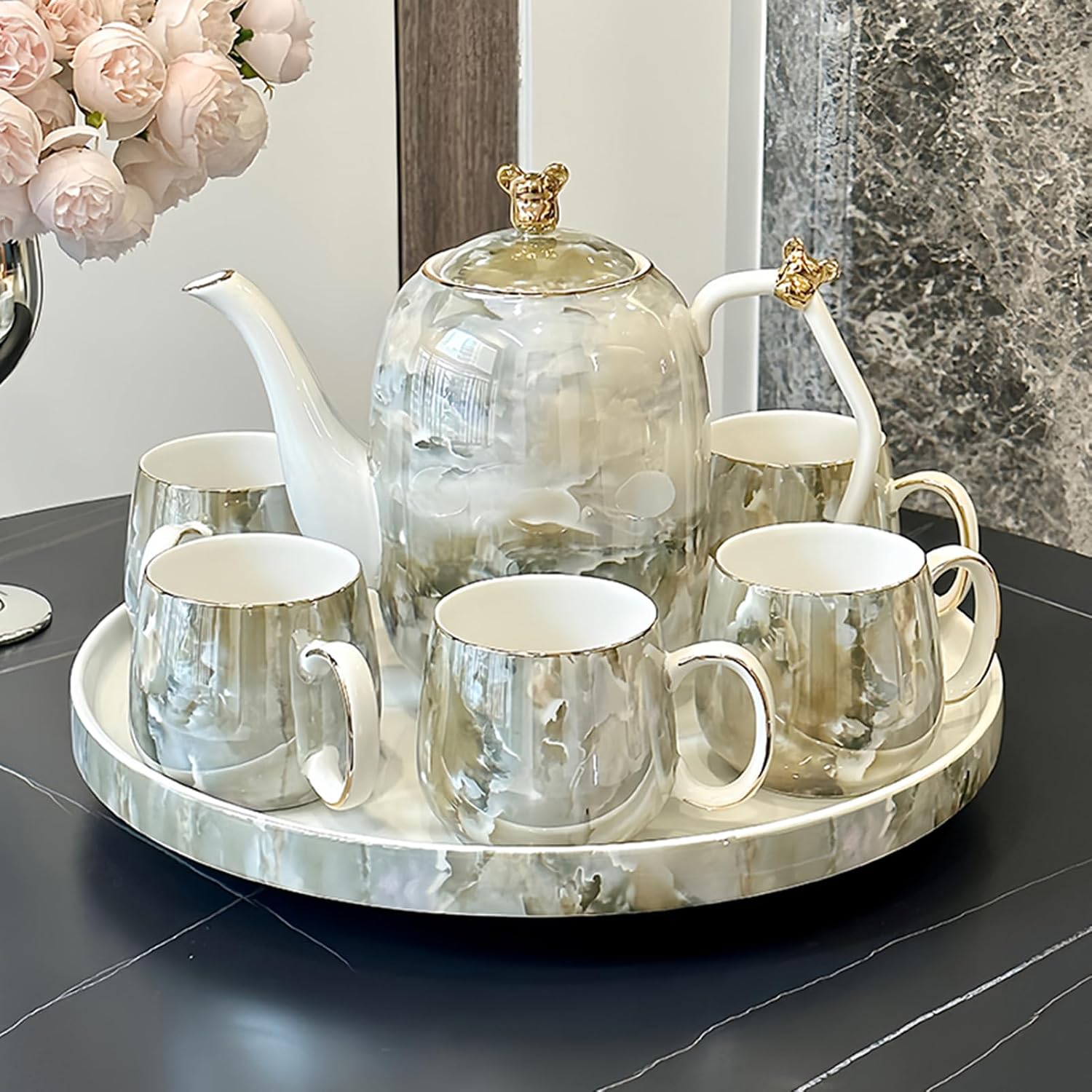 8-Piece Porcelain Tea & Espresso Cup Set ， 6 Cups with 1 Teapot & 1 Tea Tray, Noble Ceramic Tableware Coffee Cup Mug Set for Bridal Shower, Engagement, Wedding Gifts for Couples