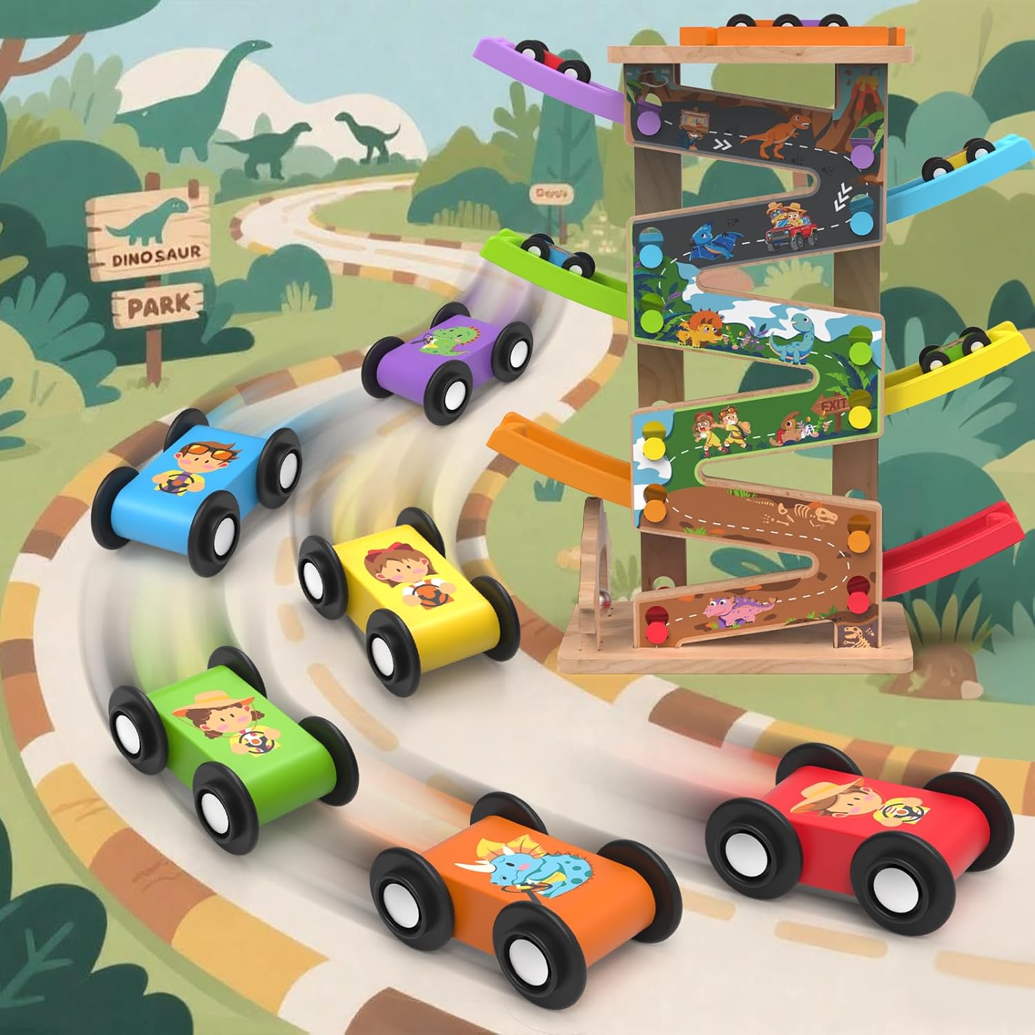 Wooden Race Track Car Ramp Racer Toy for Tollders, Dinosaur Car Ramp Toy Vehicle Playsets with 6 Mini Cars - Fine Motor Skills Toddler Toys for 2 3 Year Old Boy and Girl Birthday Gifts (Pro)