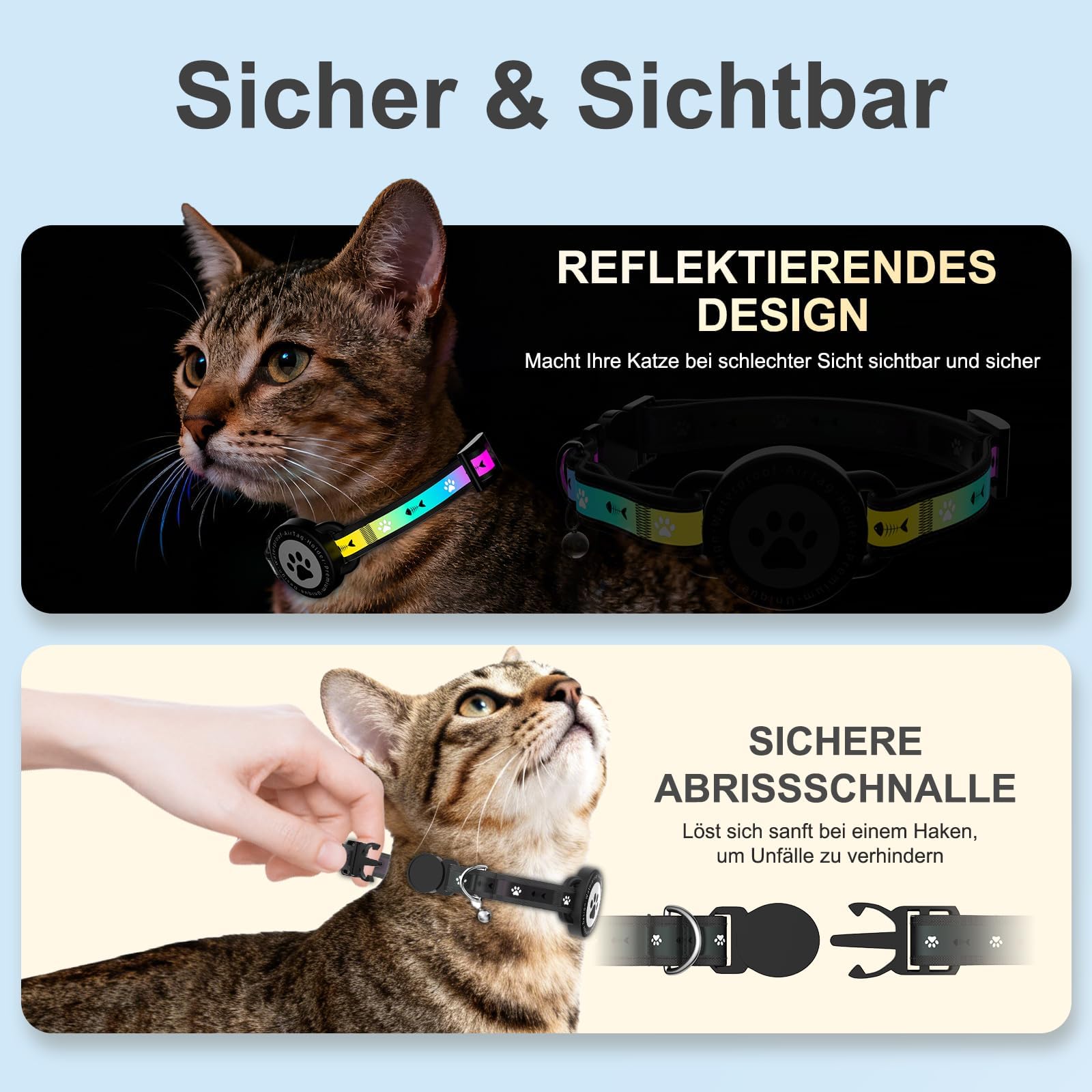 Airtag Katzenhalsband mit Sicherheitsverschluss, Reflektierend Katzenhalsband mit AirTag Halter und Glocke, Bequeme Polsterung & Verstellbar Wasserdicht Kätzchenhalsband (Schwarz, 8"-10.5")